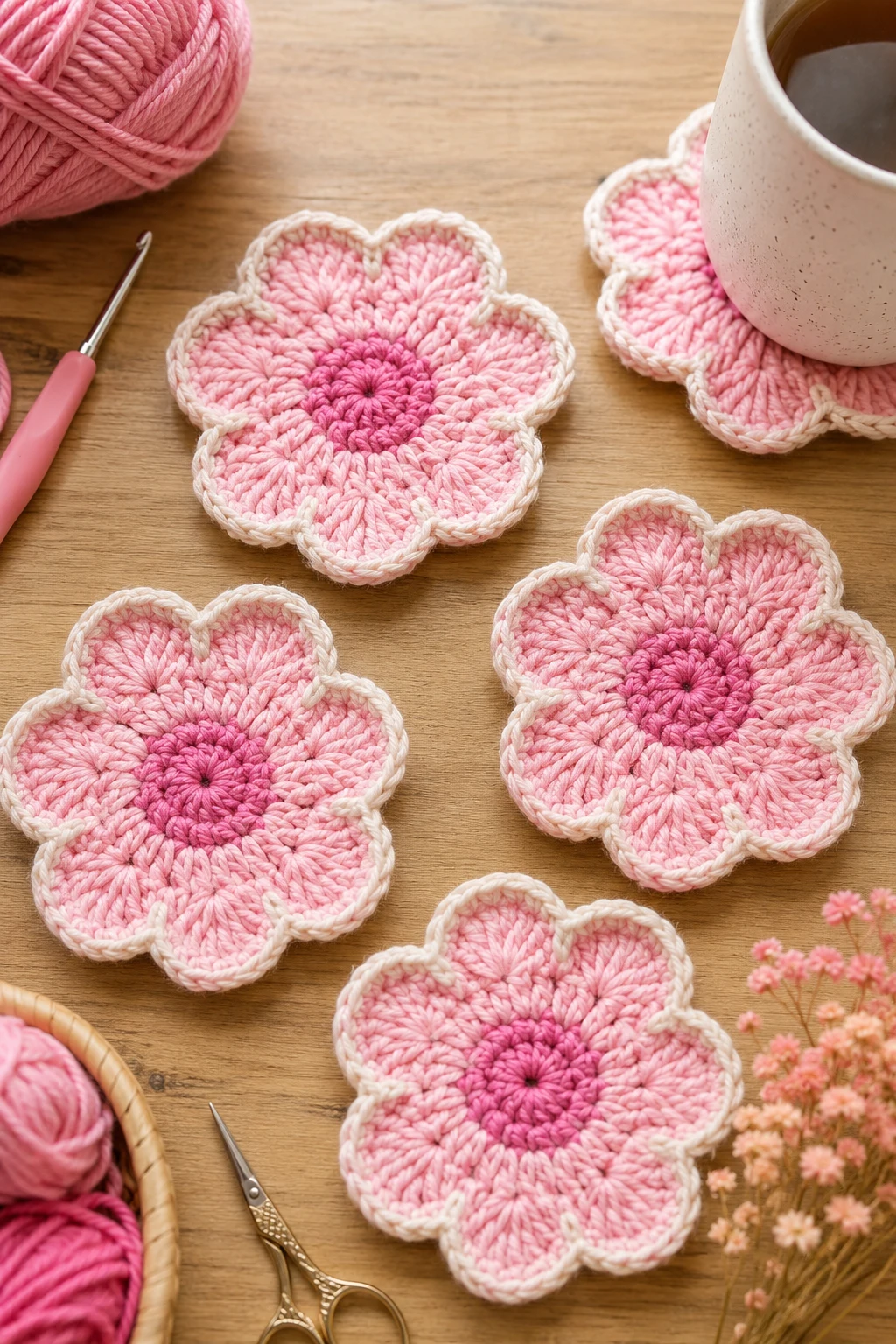 Bubblegum Pink Flower Coasters — Pink yarn crochet ideas style outfit