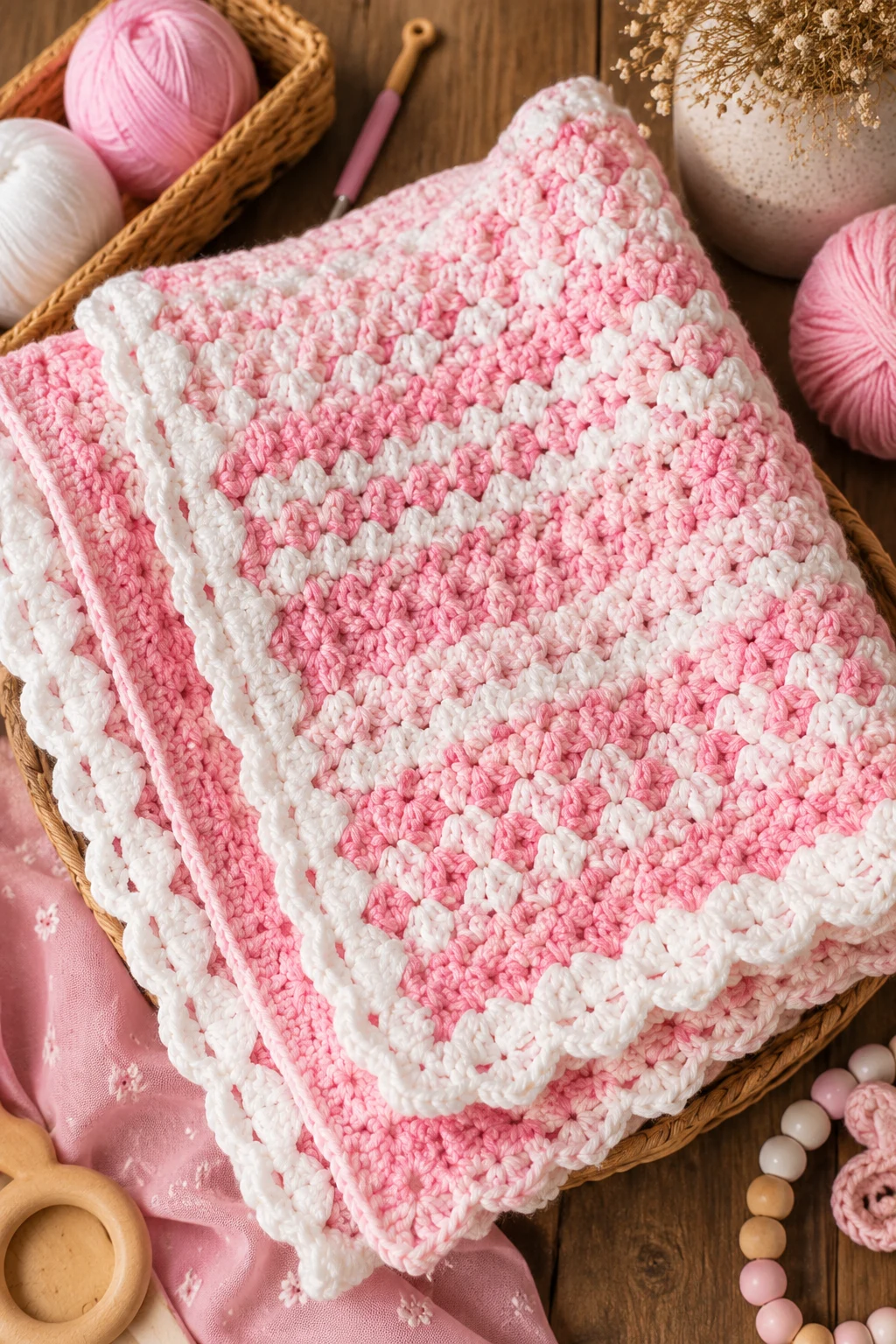 Pink and White Baby Blanket — Pink yarn crochet ideas style outfit