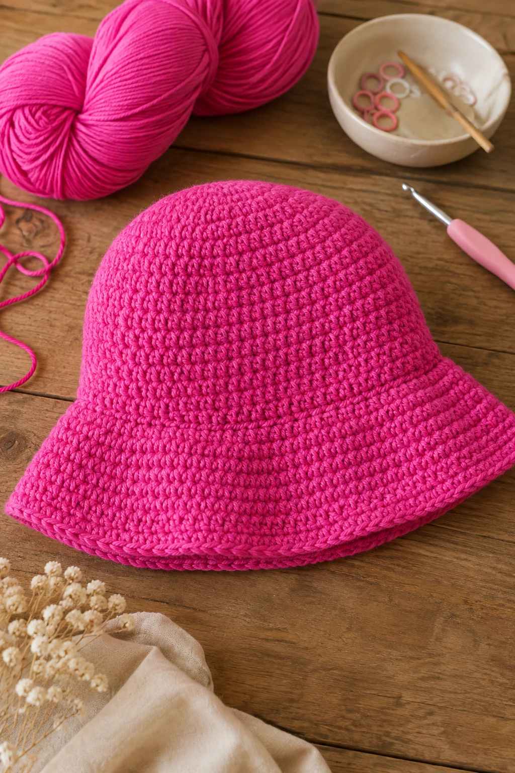 Hot Pink Crochet Bucket Hat — Pink yarn crochet ideas style outfit