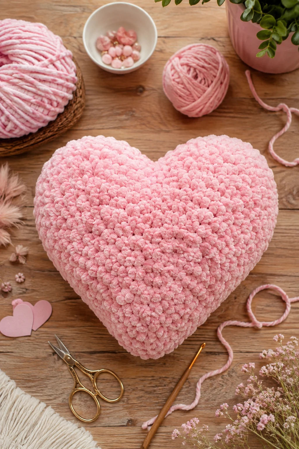 Pink Fluffy Yarn Heart Pillow — Pink yarn crochet ideas style outfit