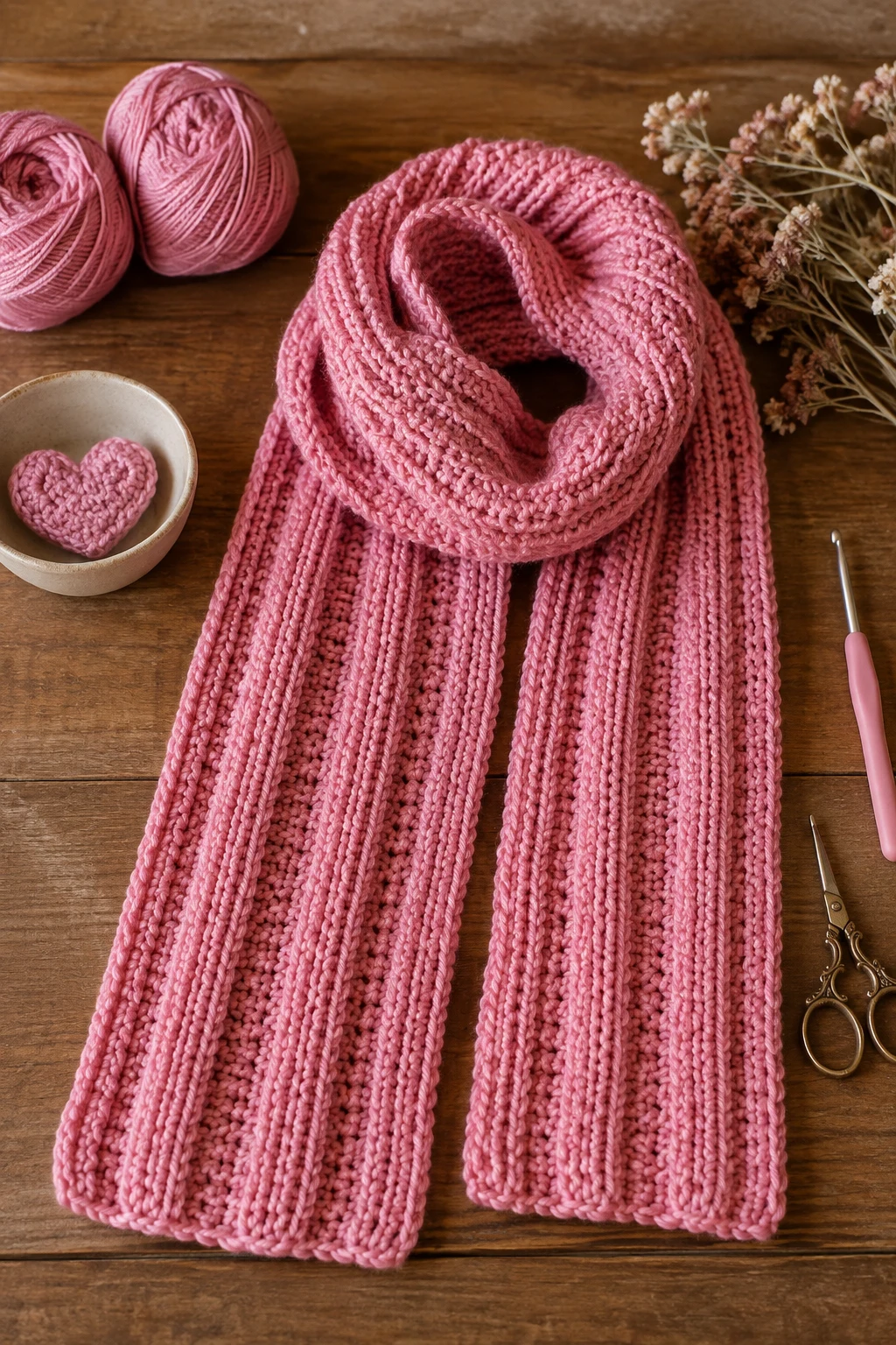 Rose Pink Ribbed Scarf — Pink yarn crochet ideas style outfit