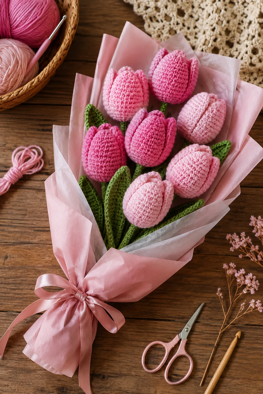 Pink Crochet Tulip Bouquet — Pink yarn crochet ideas style outfit