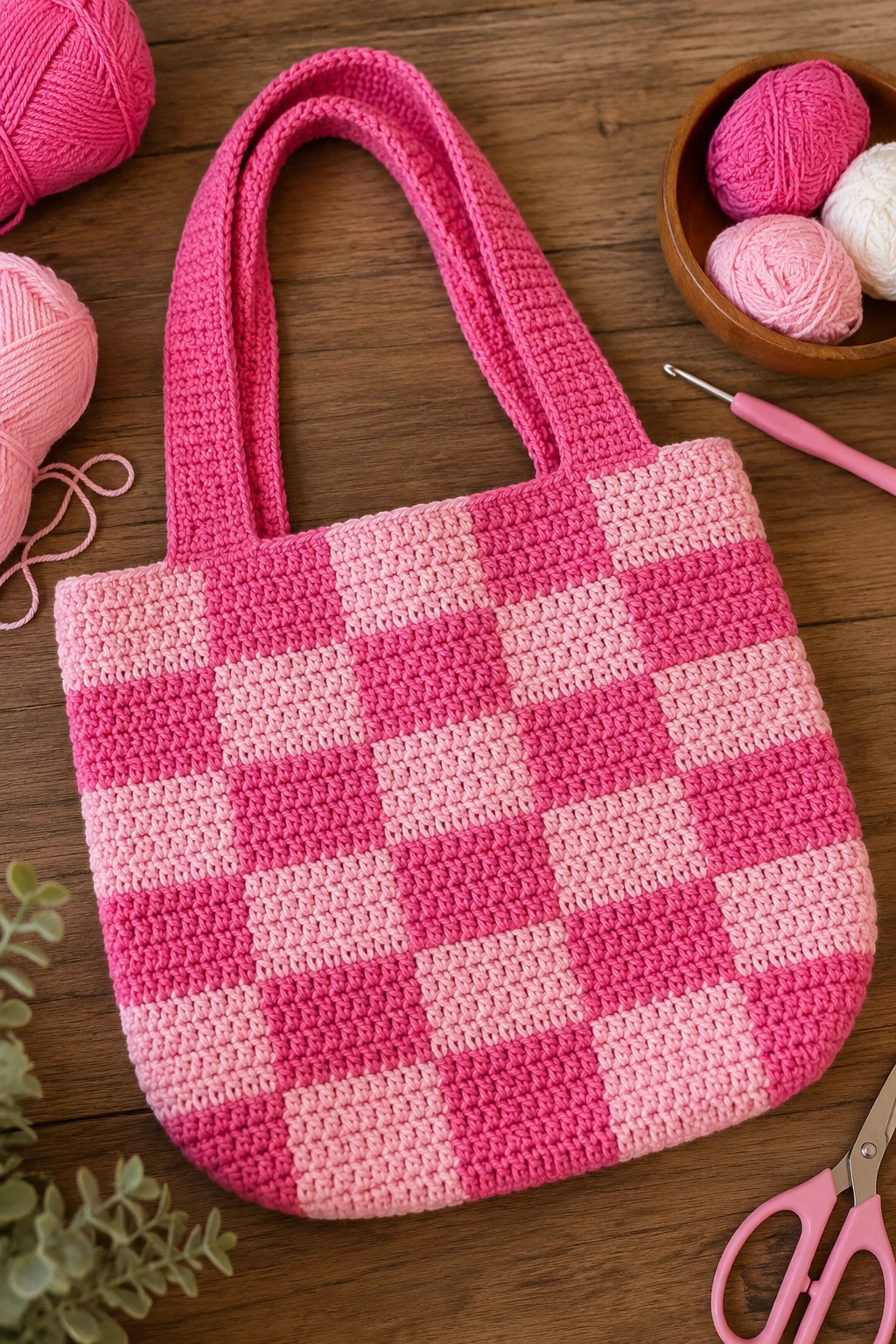 Pink Checkerboard Tote — Pink yarn crochet ideas style outfit