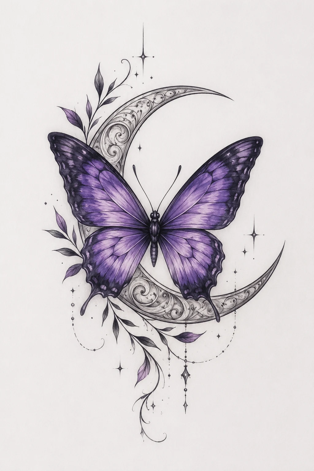 Purple Butterfly With Crescent Moon — purple butterfly tattoo style outfit