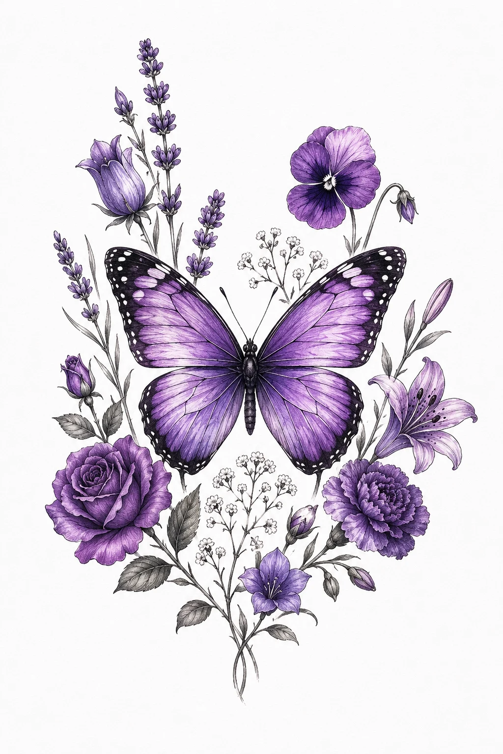 Purple Butterfly With Birth Flowers — purple butterfly tattoo style outfit