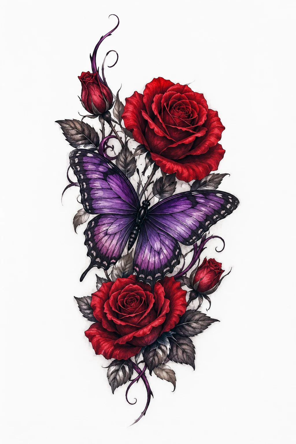 Purple Butterfly With Red Roses — purple butterfly tattoo style outfit