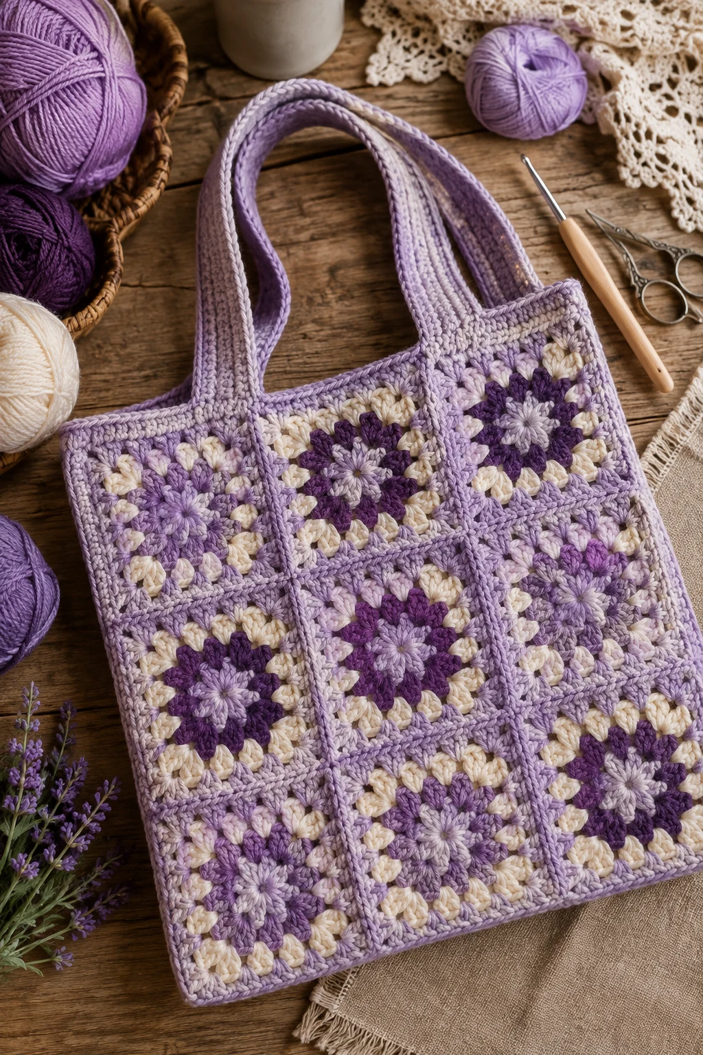 Lavender Granny Square Tote — purple crochet ideas style outfit