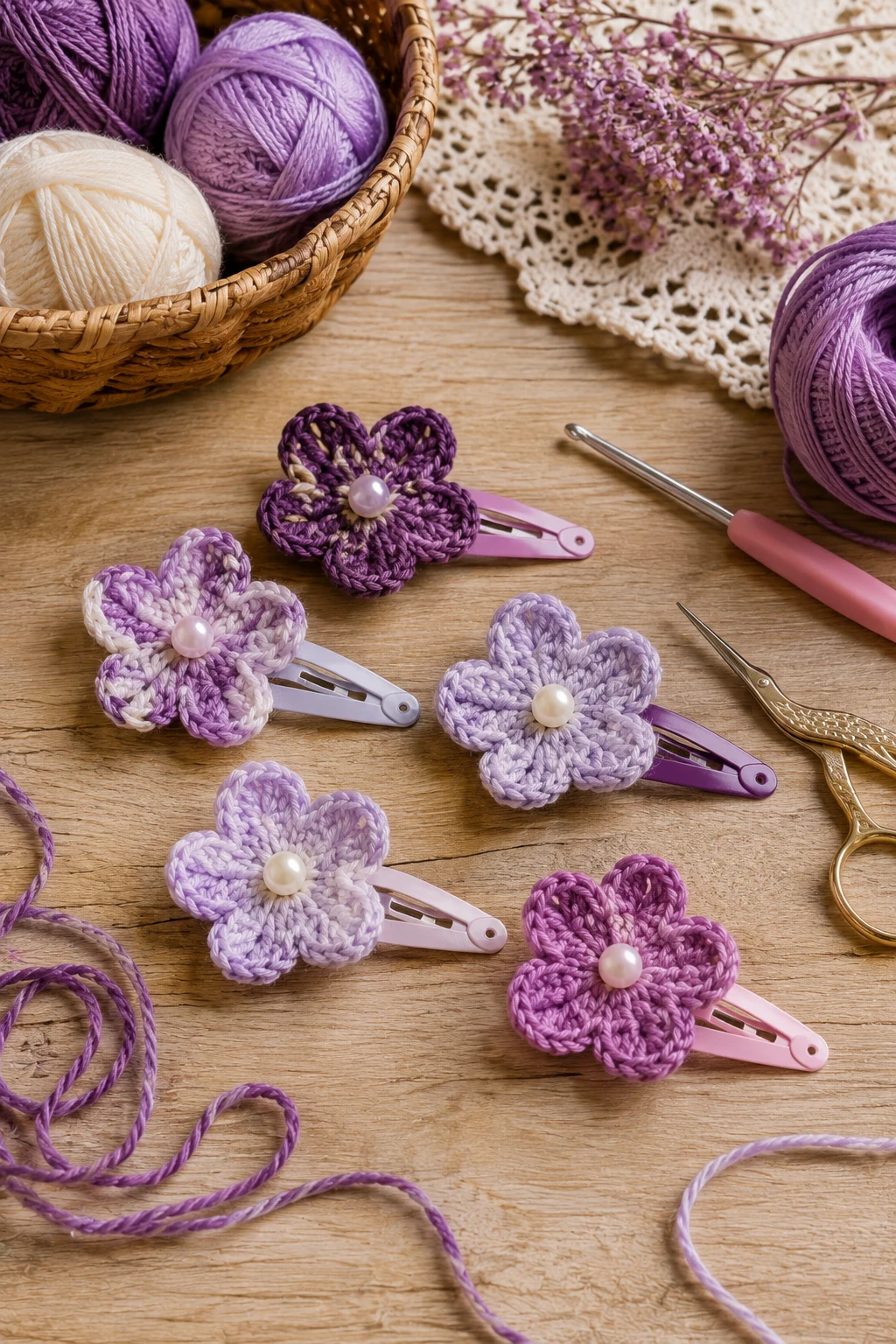 Purple Flower Hair Clips — purple crochet ideas style outfit