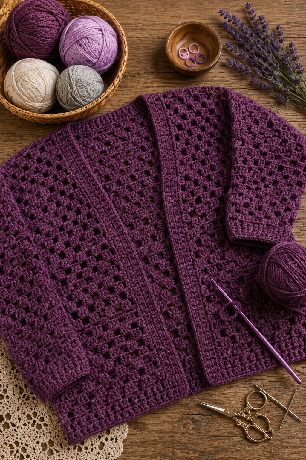 Plum Crochet Cardigan — purple crochet ideas style outfit