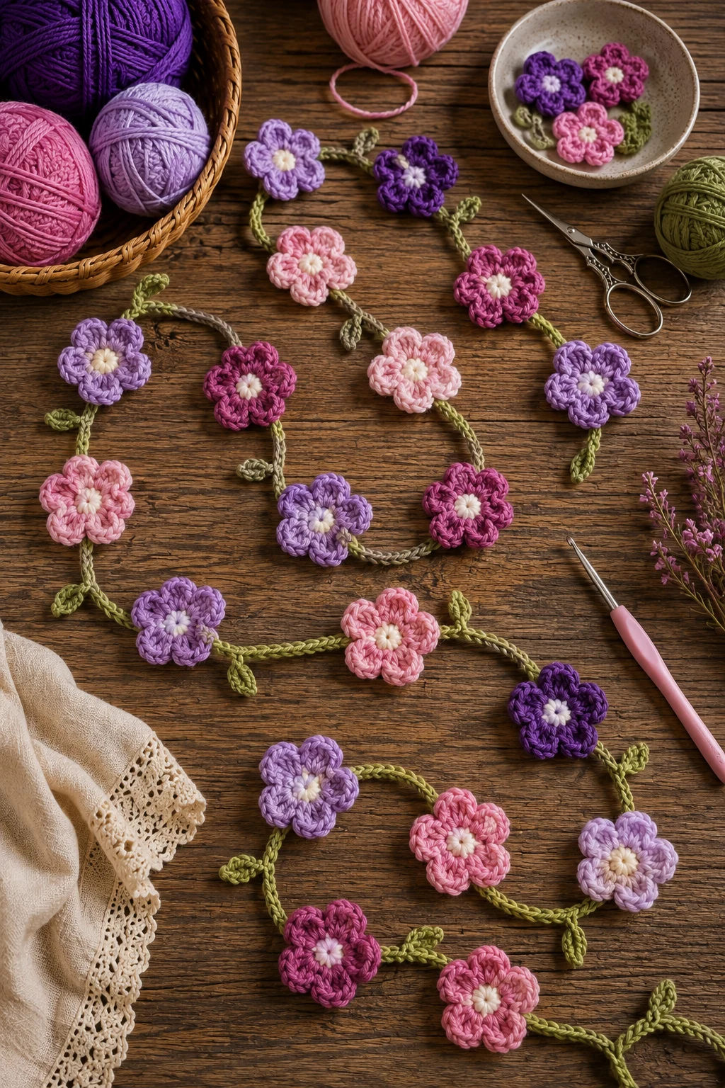 Purple and Pink Crochet Flower Garland — purple crochet ideas style outfit