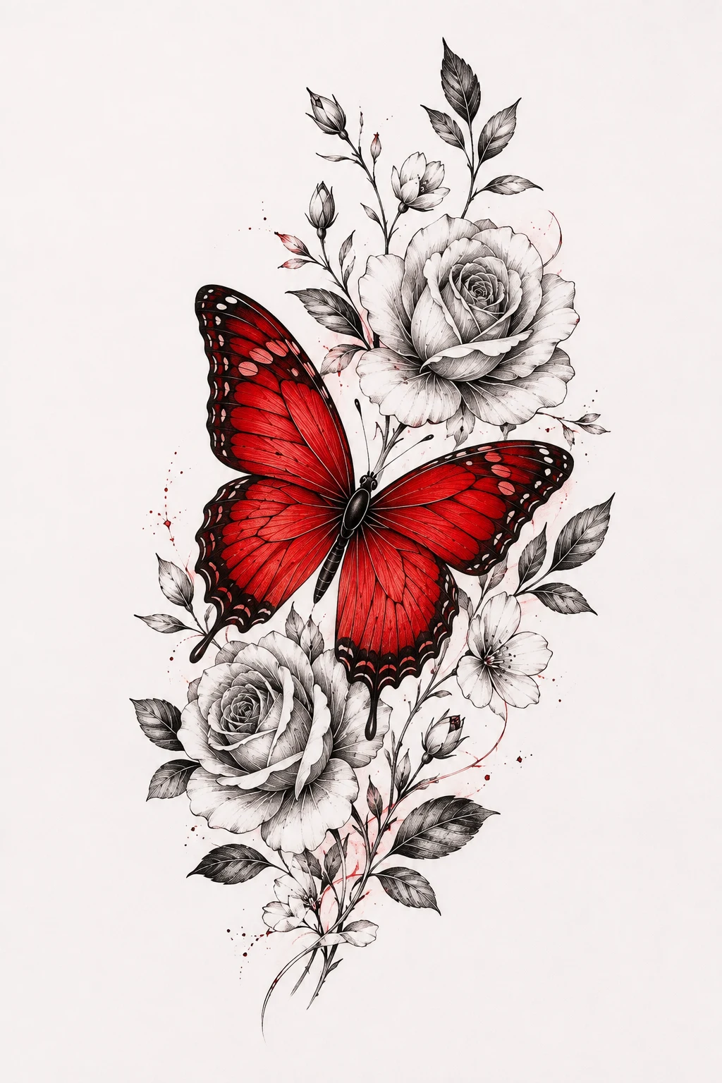 Red Butterfly Tattoo with Black Botanical Flowers — red butterfly tattoo style outfit