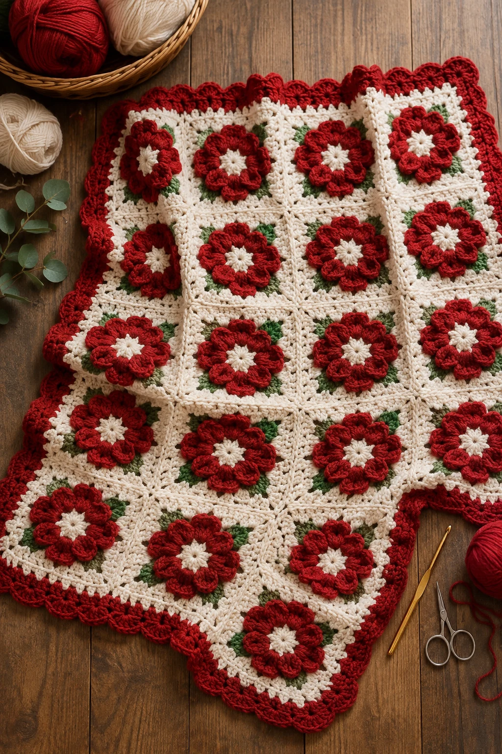 Red Crochet Flower Granny Blanket — red yarn crochet ideas style outfit