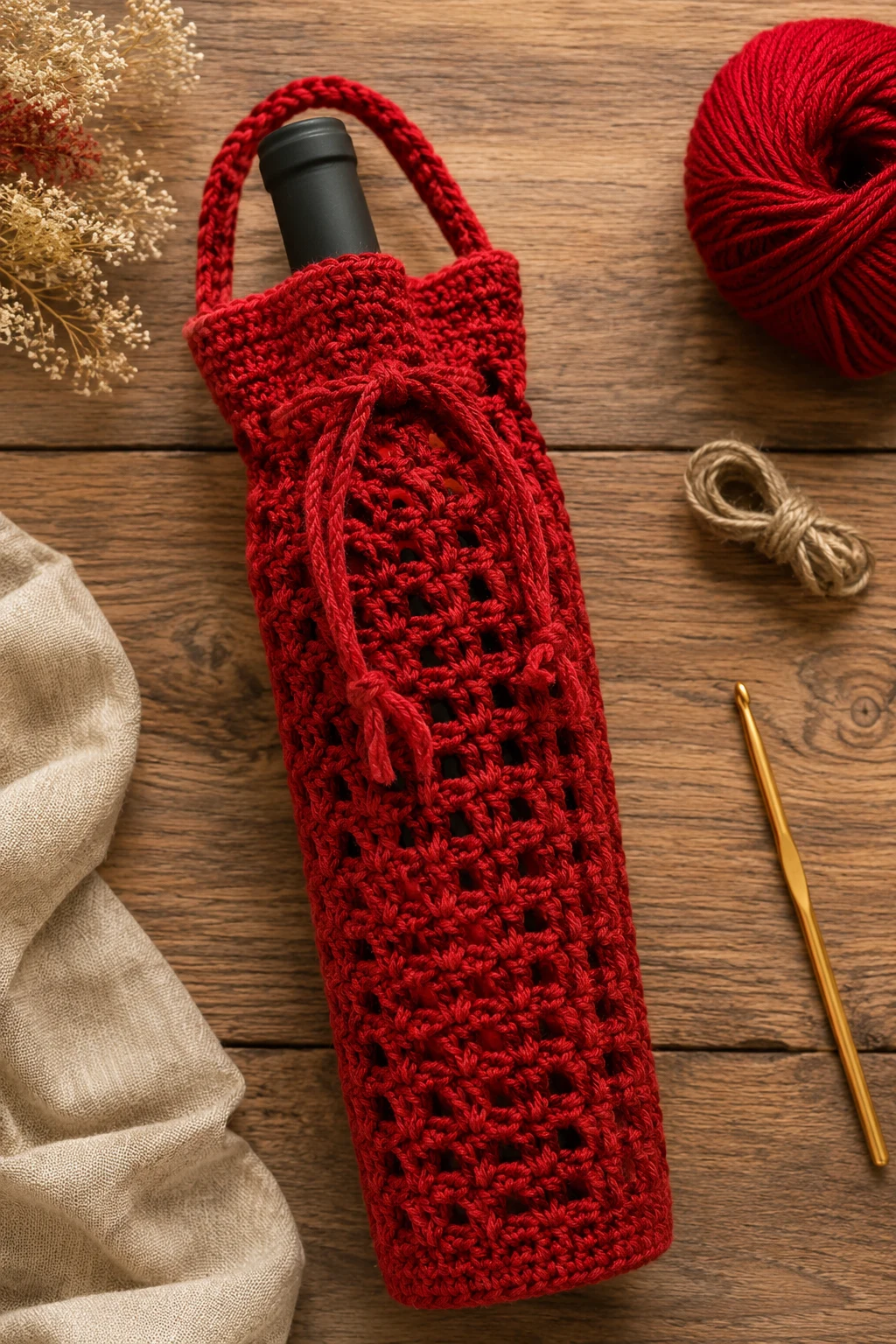 Red Crochet Wine Bottle Gift Bag — red yarn crochet ideas style outfit