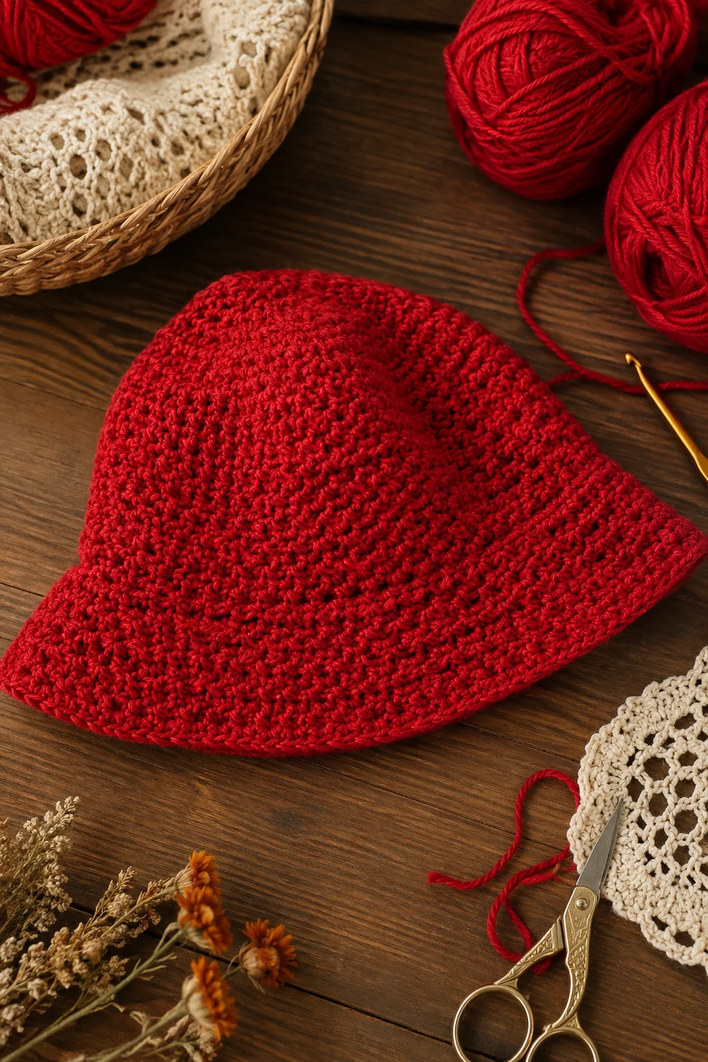 Red Crochet Bucket Hat — red yarn crochet ideas style outfit