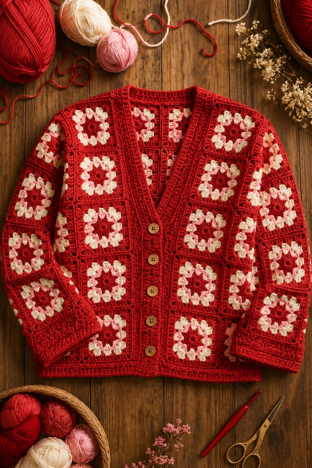 Red Granny Square Cardigan — red yarn crochet ideas style outfit