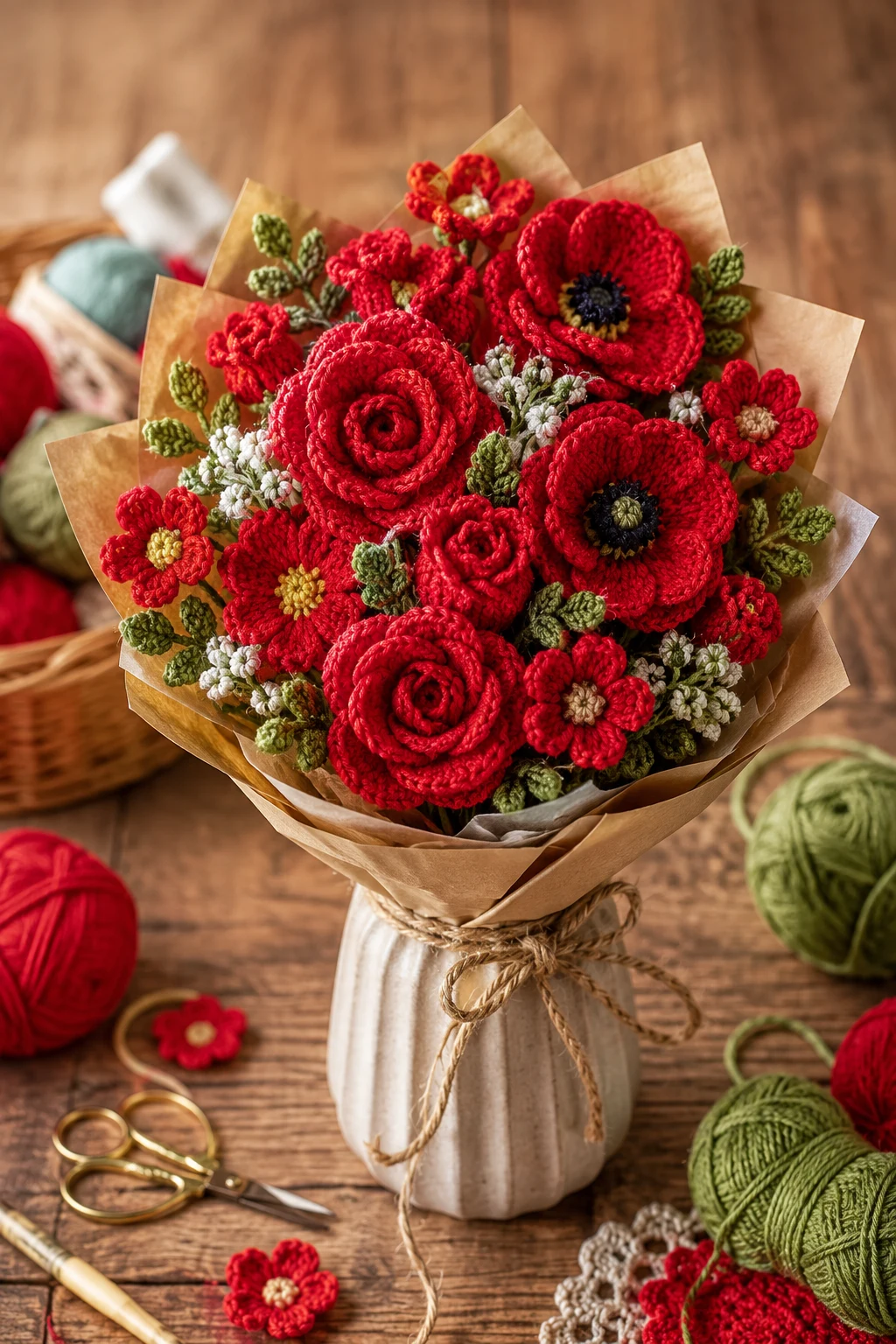 Red Crochet Flower Bouquet — red yarn crochet ideas style outfit