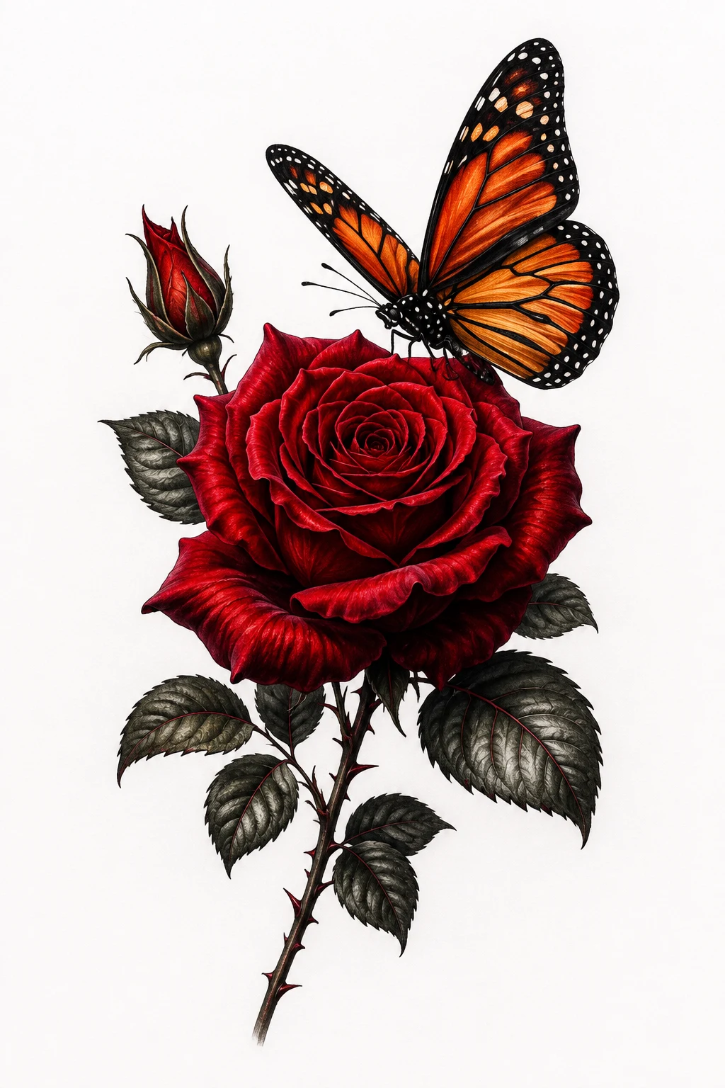 Crimson Rose & Monarch Butterfly — rose and butterfly tattoo design style outfit