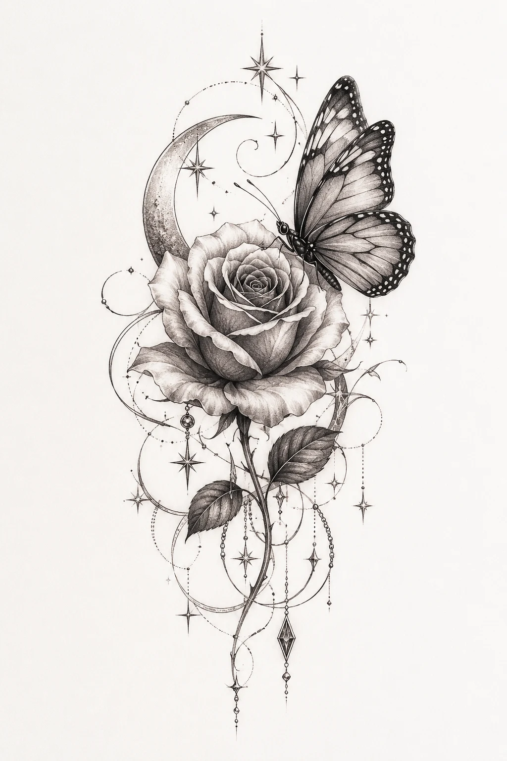 Celestial Rose Butterfly — rose and butterfly tattoo design style outfit