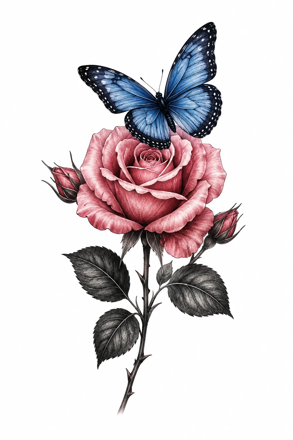 Blue Butterfly Over a Pink Rose — rose and butterfly tattoo design style outfit