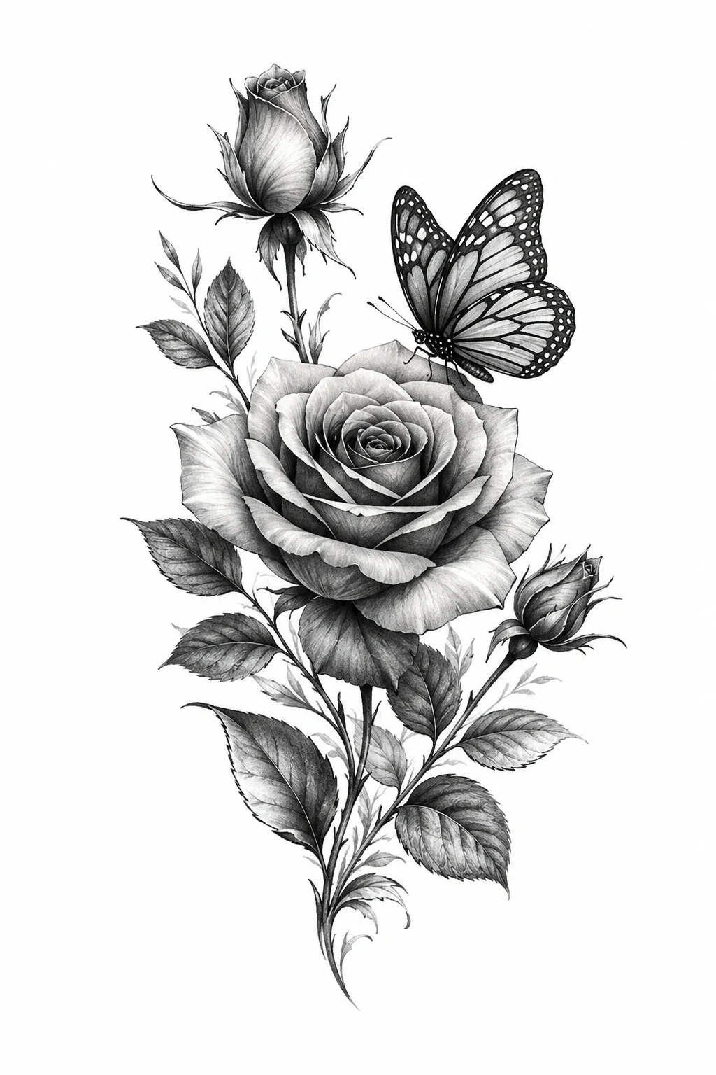 Black-and-Gray Memorial Rose — rose and butterfly tattoo design style outfit