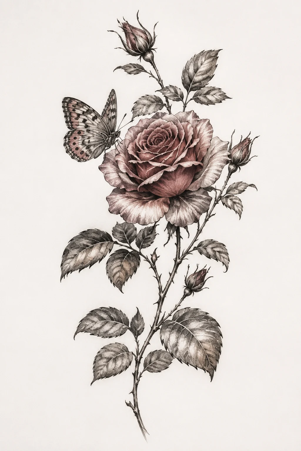 Vintage Botanical Rose and Butterfly Tattoo Design — rose and butterfly tattoo design style outfit