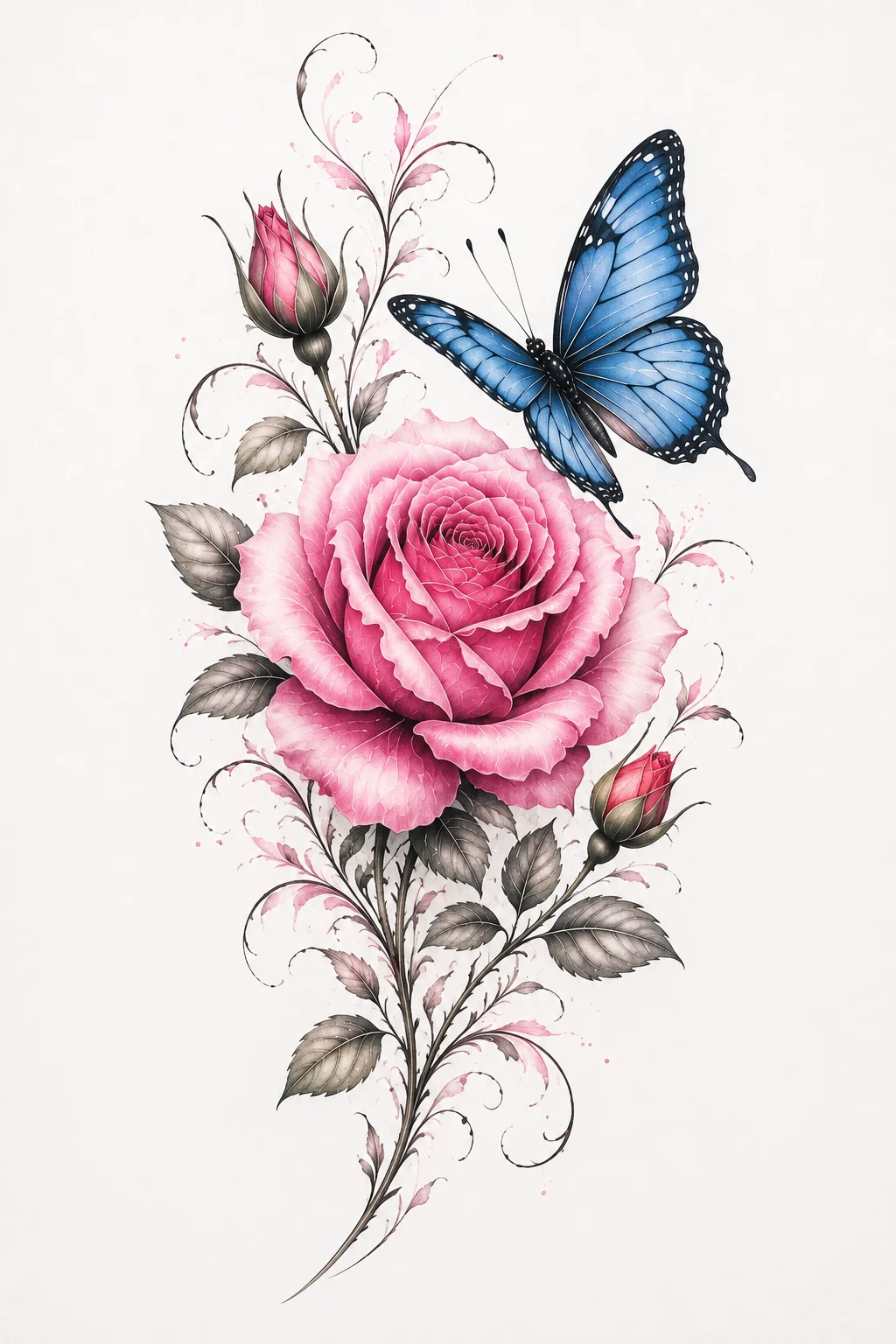 Blue Butterfly and Pink Rose — rose and butterfly tattoo style outfit