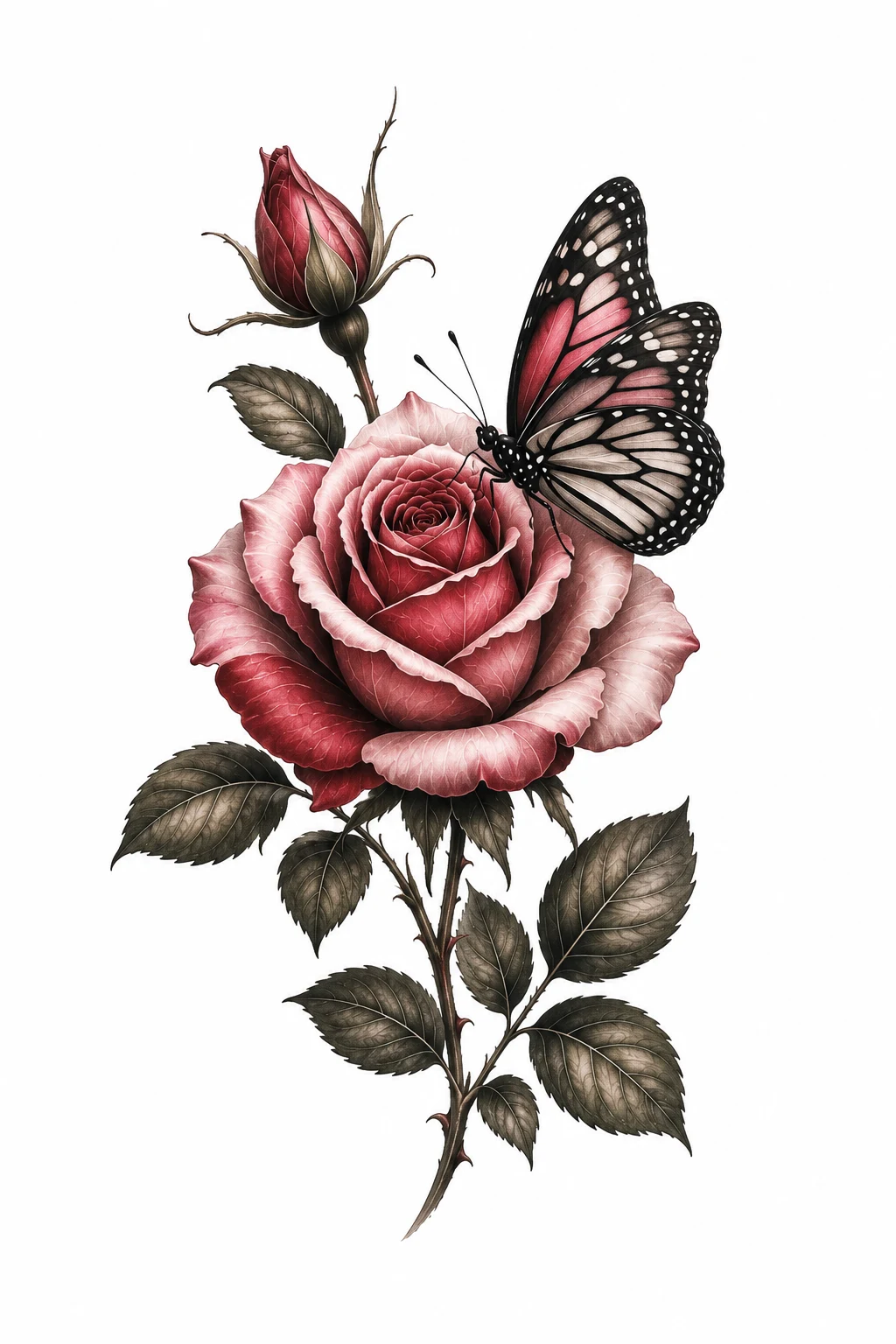 Realistic Butterfly Landing on a Rose — rose and butterfly tattoo style outfit