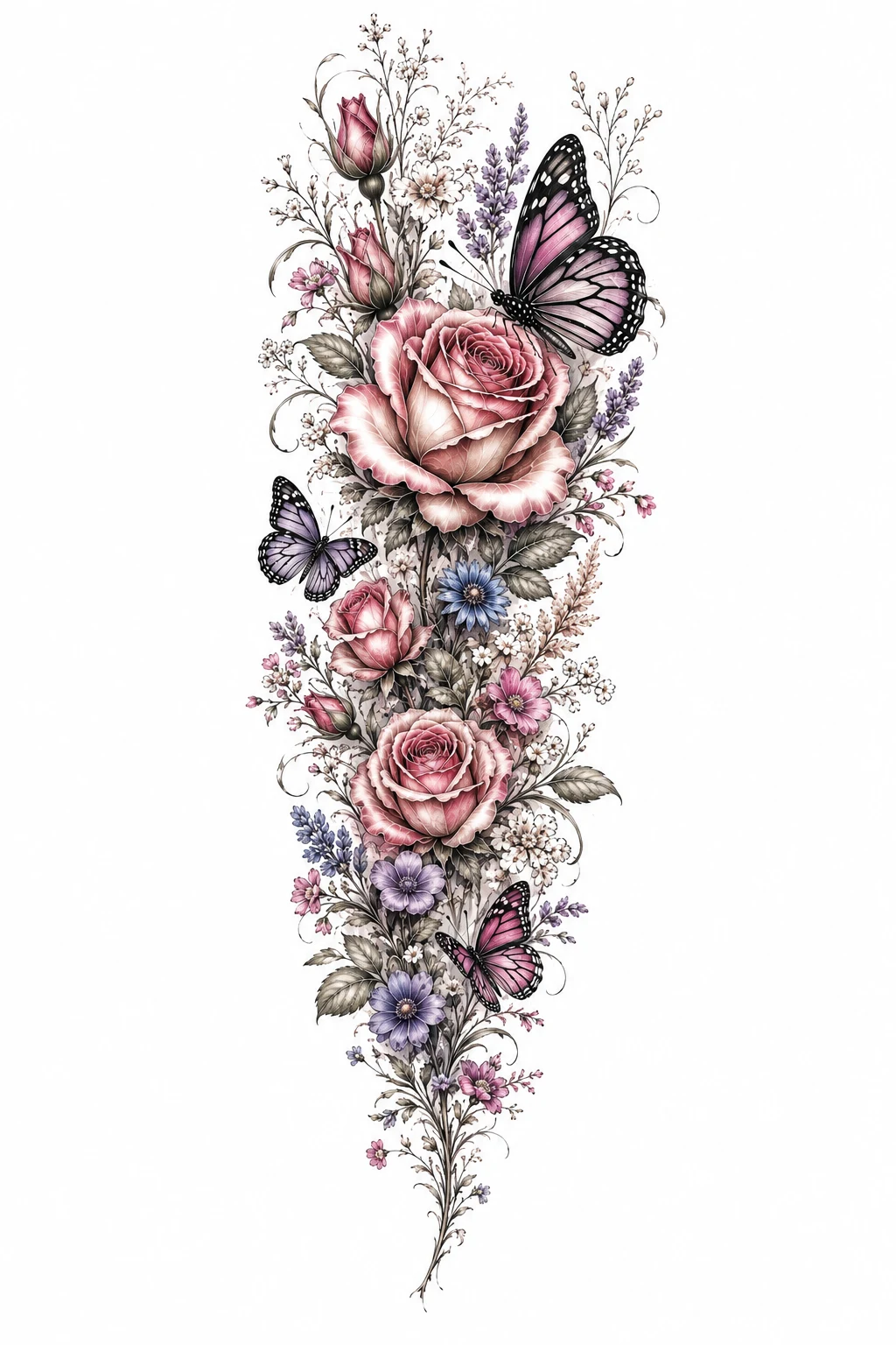 Rose and Butterfly Tattoo Sleeve With Wildflowers — rose and butterfly tattoo style outfit