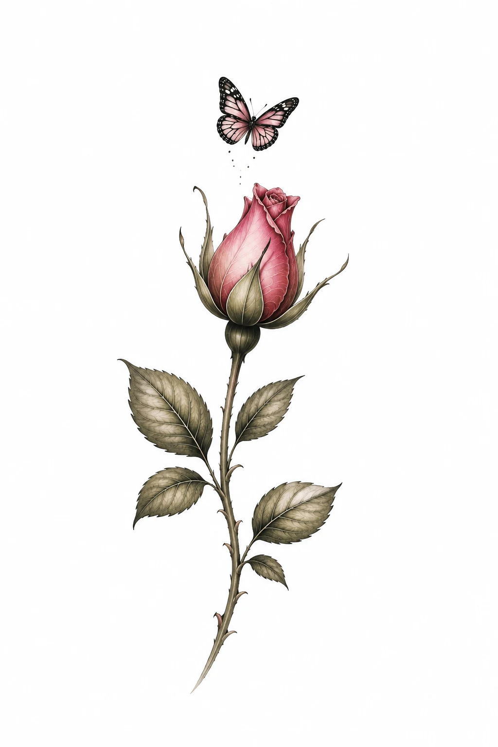 Tiny Butterfly Above a Rosebud — rose and butterfly tattoo style outfit