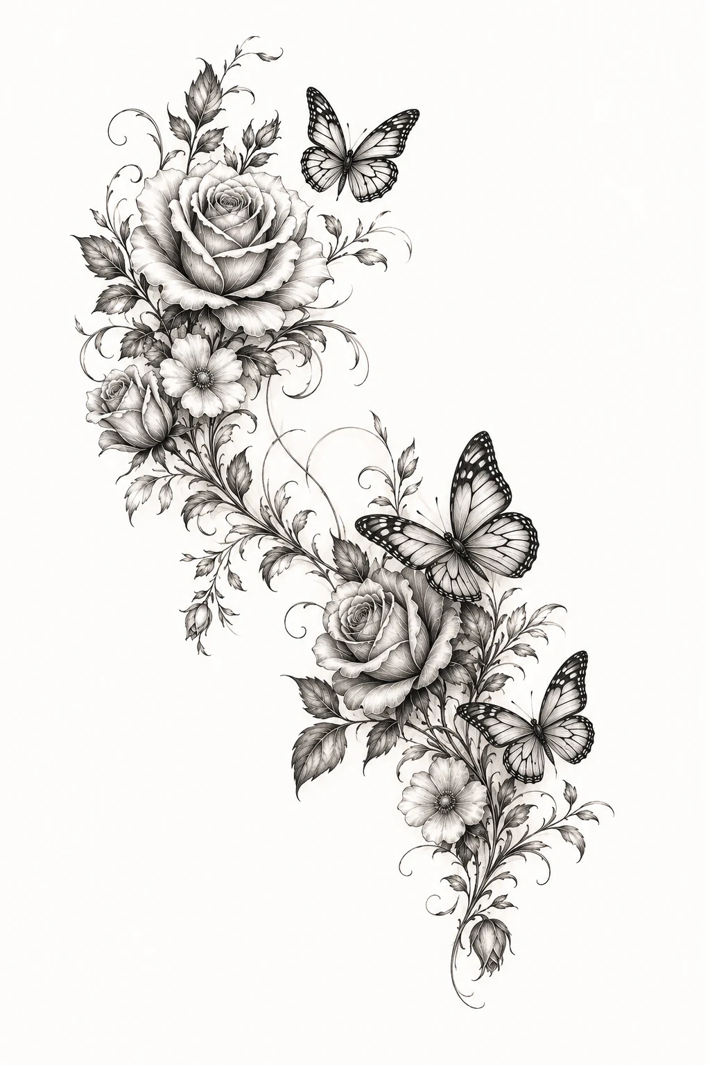Shoulder-to-Back Floral Composition — rose and butterfly tattoo style outfit