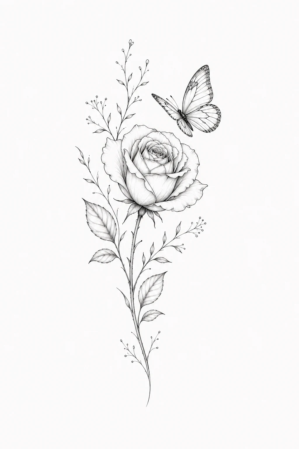 Fine-Line Botanical Design — rose and butterfly tattoo style outfit