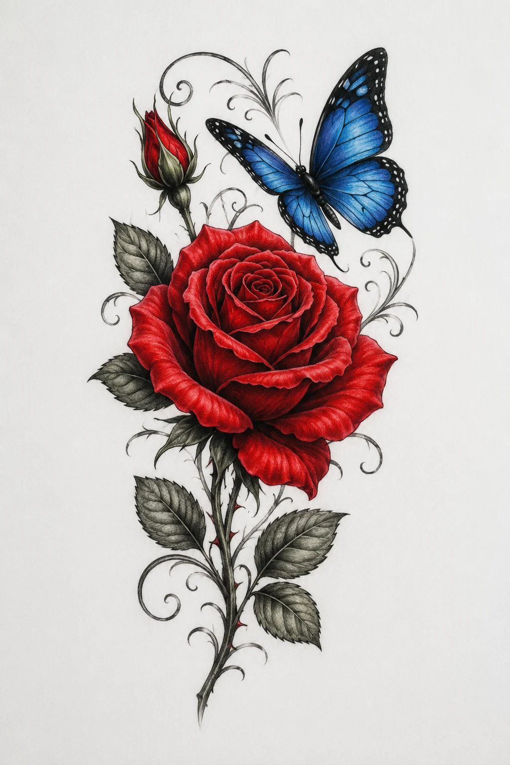 Classic Red Rose & Blue Butterfly — rose with butterfly tattoo for women style outfit
