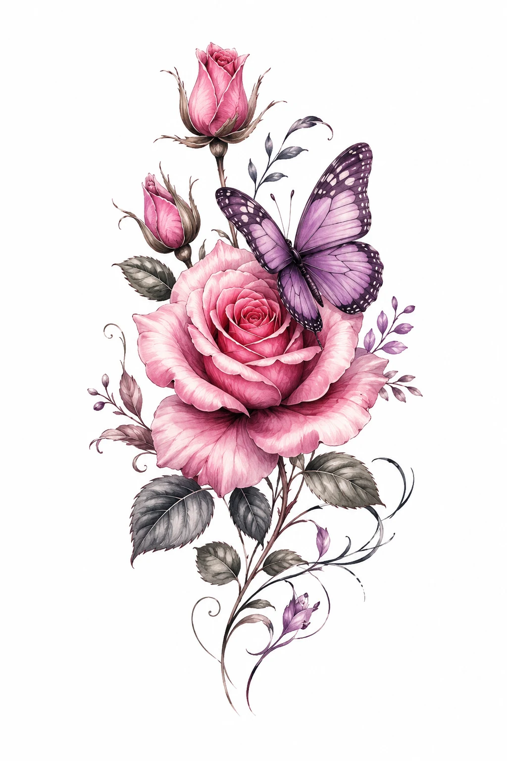 Romantic Pink Rose & Lavender Butterfly — rose with butterfly tattoo for women style outfit
