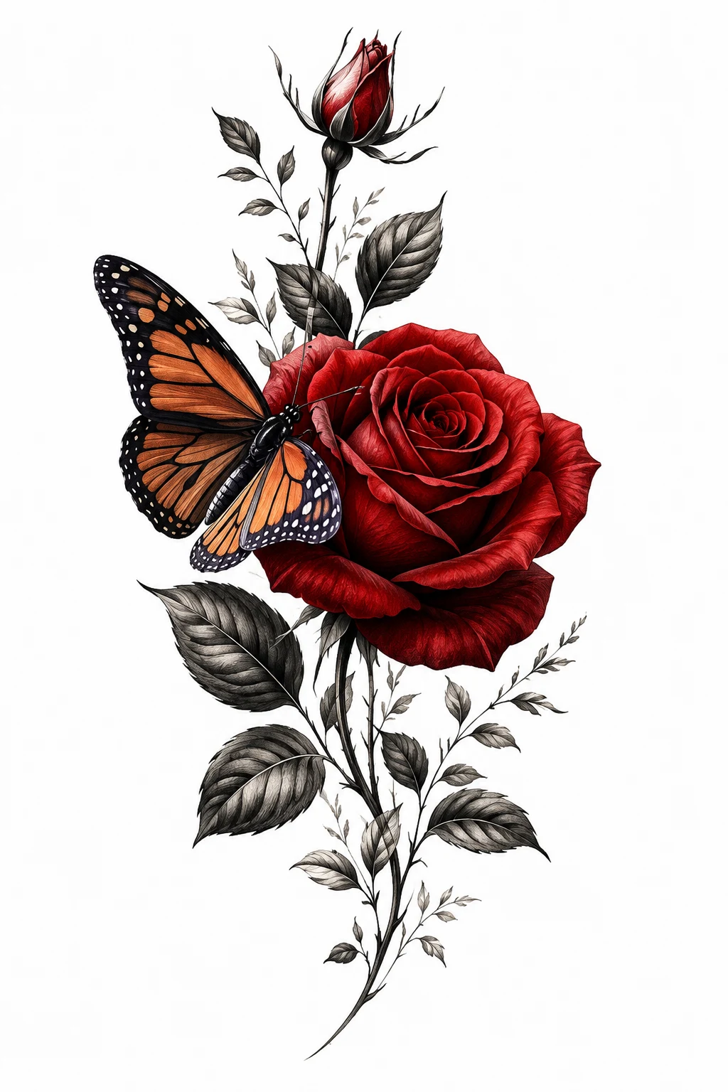 Crimson Rose With Monarch Butterfly — rose with butterfly tattoo for women style outfit