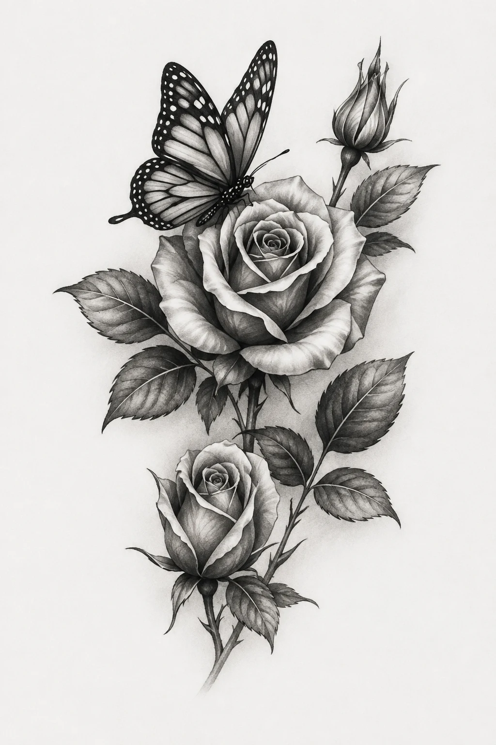 Black-and-Gray Realism — rose with butterfly tattoo for women style outfit