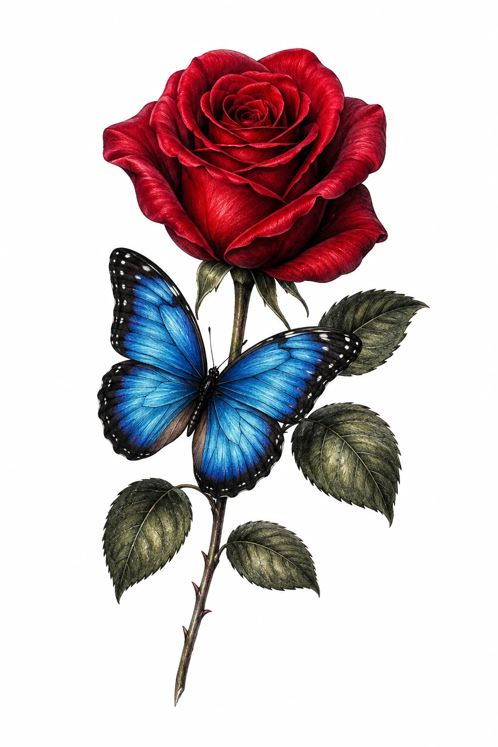 Realistic Rose With Blue Morpho Butterfly — rose with butterfly tattoo for women style outfit