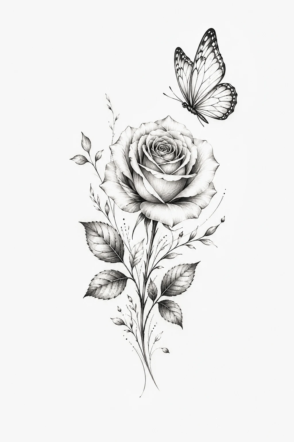 Fine-Line Botanical Pair — rose with butterfly tattoo for women style outfit