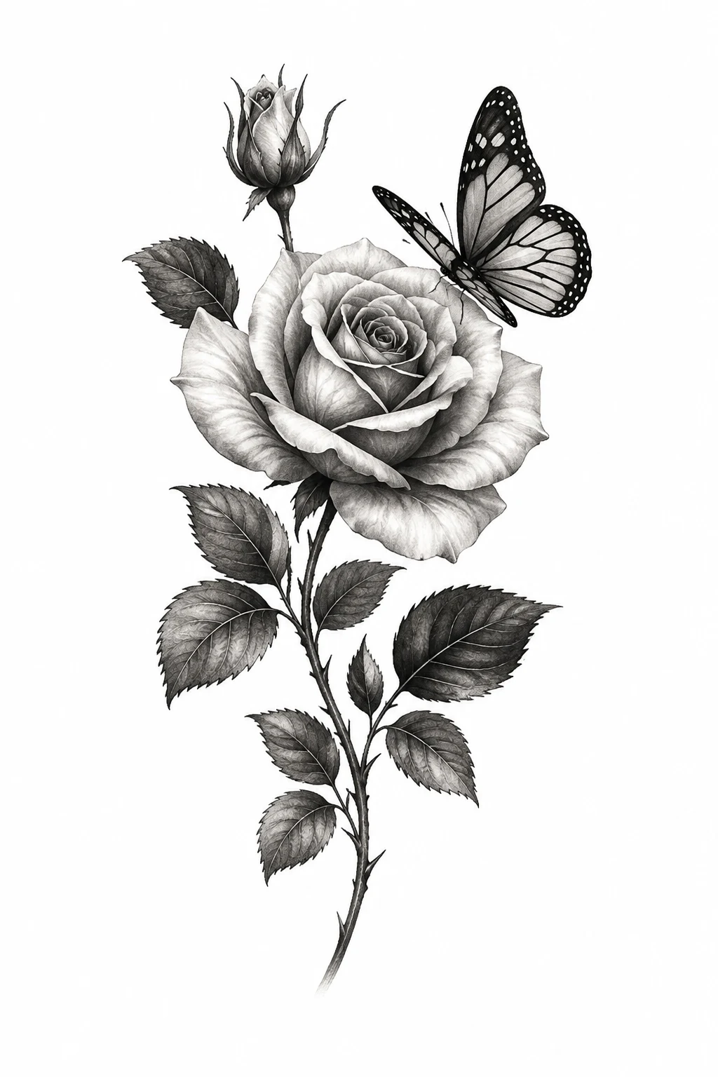 Black-and-Grey Rose With Butterfly — rose with butterfly tattoo for women style outfit