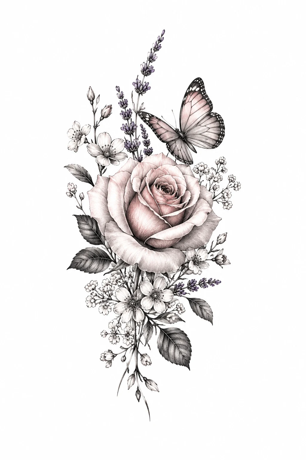 Birth-Flower Inspired Rose & Butterfly — rose with butterfly tattoo for women style outfit