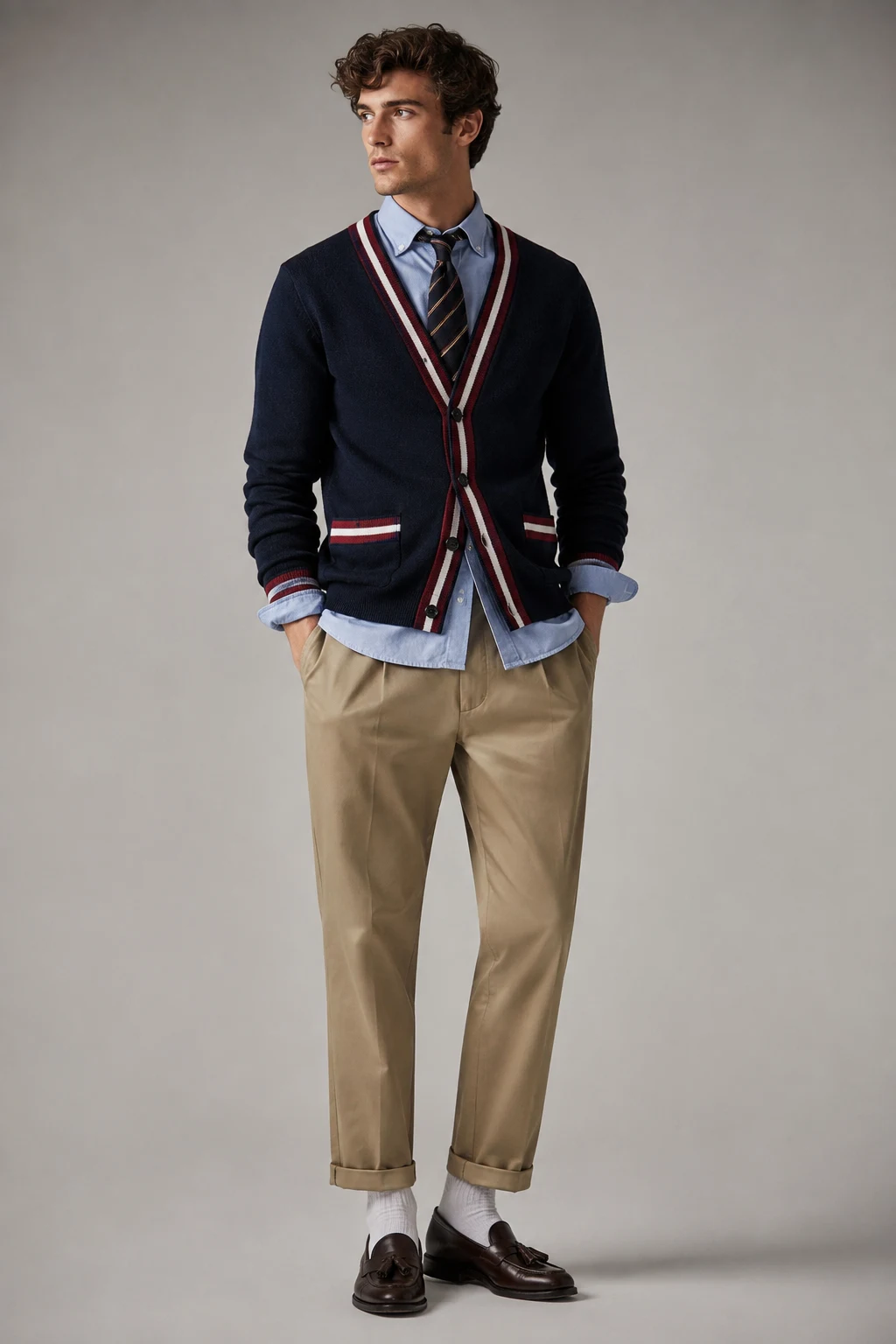 The Preppy Cardigan With a Twist — School Outfits Men style outfit, worn by a stylish man