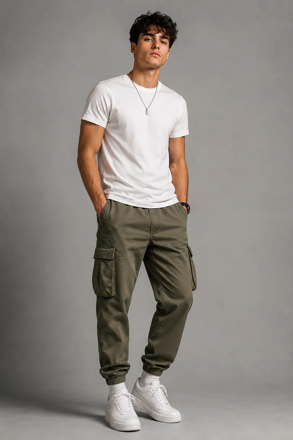 The Cargo Pants + Clean Tee Look — School Outfits Men style outfit, worn by a stylish man