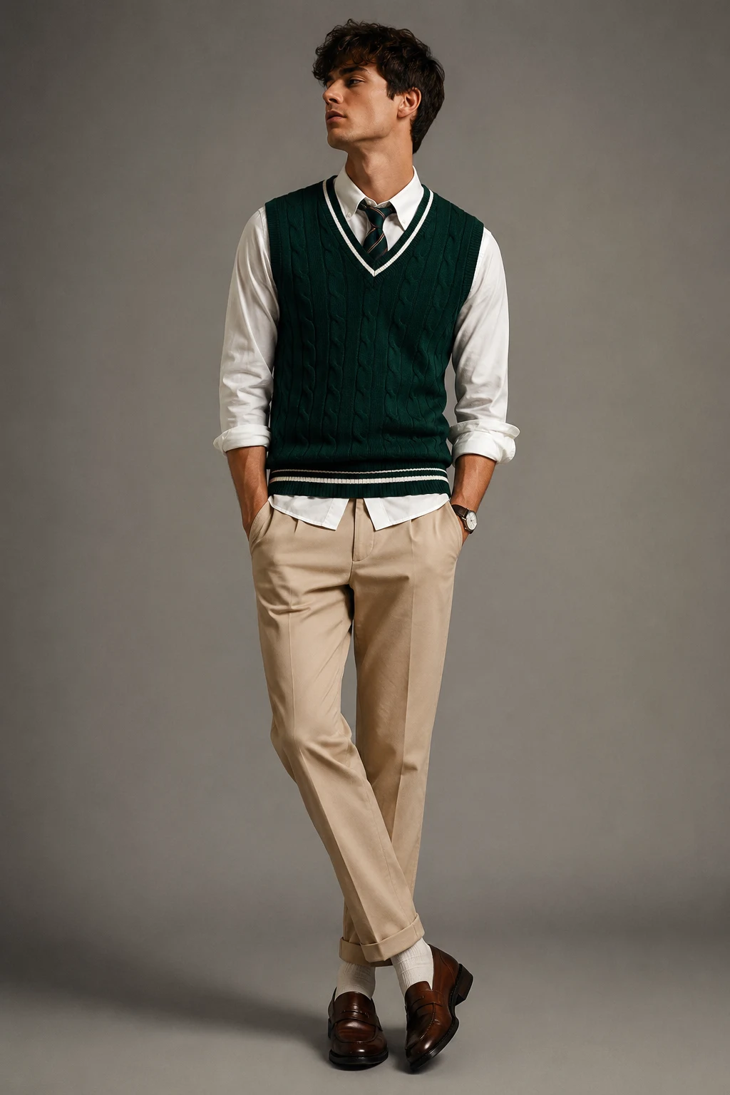 The Sweater Vest School Look — School Outfits Men style outfit, worn by a stylish man