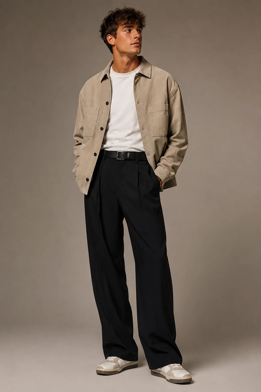 The Overshirt + Wide-Leg Trousers Fit — School Outfits Men style outfit, worn by a stylish man