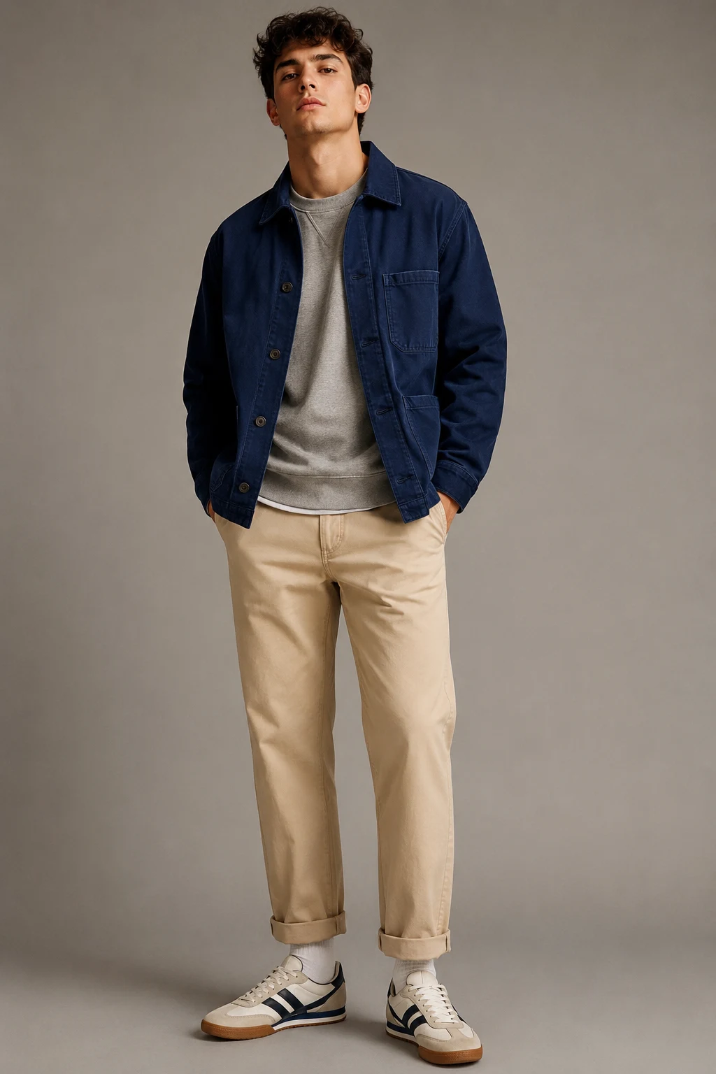 The Retro Sneaker + Chore Jacket Combo — School Outfits Men style outfit, worn by a stylish man