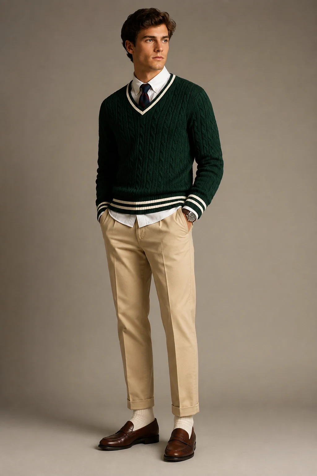 The Ivy League Sweater Look — School Outfits Men style outfit, worn by a stylish man