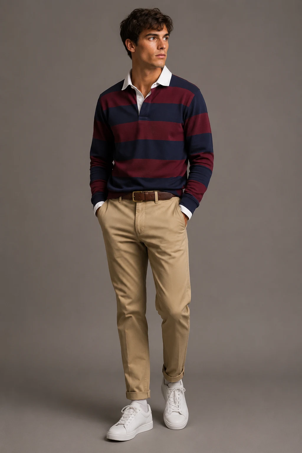 The Rugby Shirt + Chinos Play — School Outfits Men style outfit, worn by a stylish man
