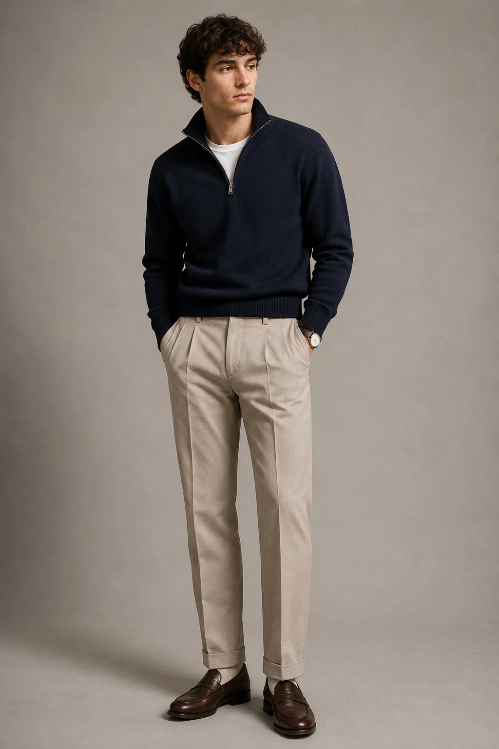 The Quarter-Zip + Pleated Pants Combo — School Outfits Men style outfit, worn by a stylish man