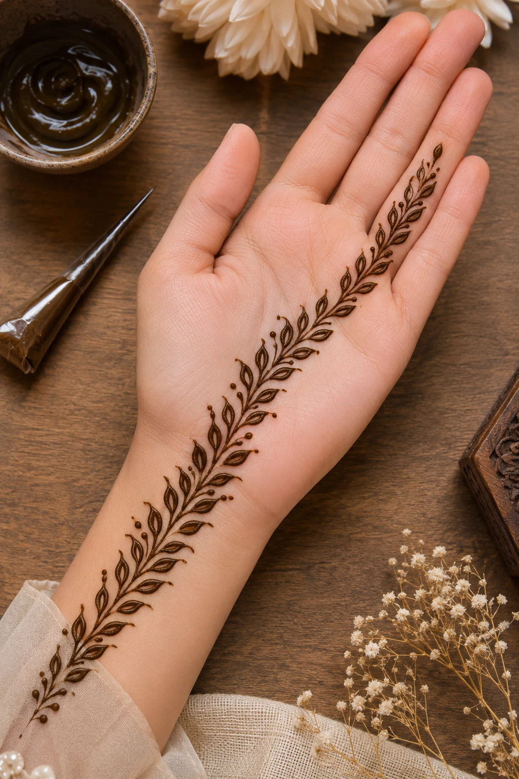 Minimal Arabic Leaf Trail — simple mehndi designs front hand easy style outfit