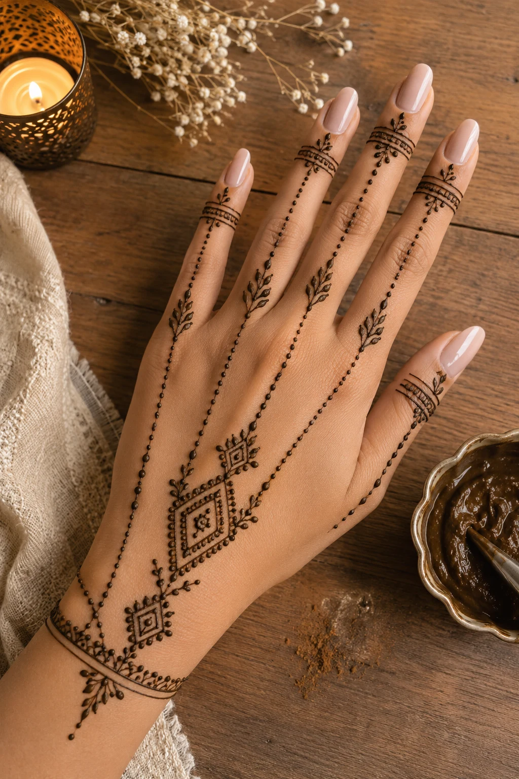 Geometric Finger Chain — simple mehndi designs front hand easy style outfit