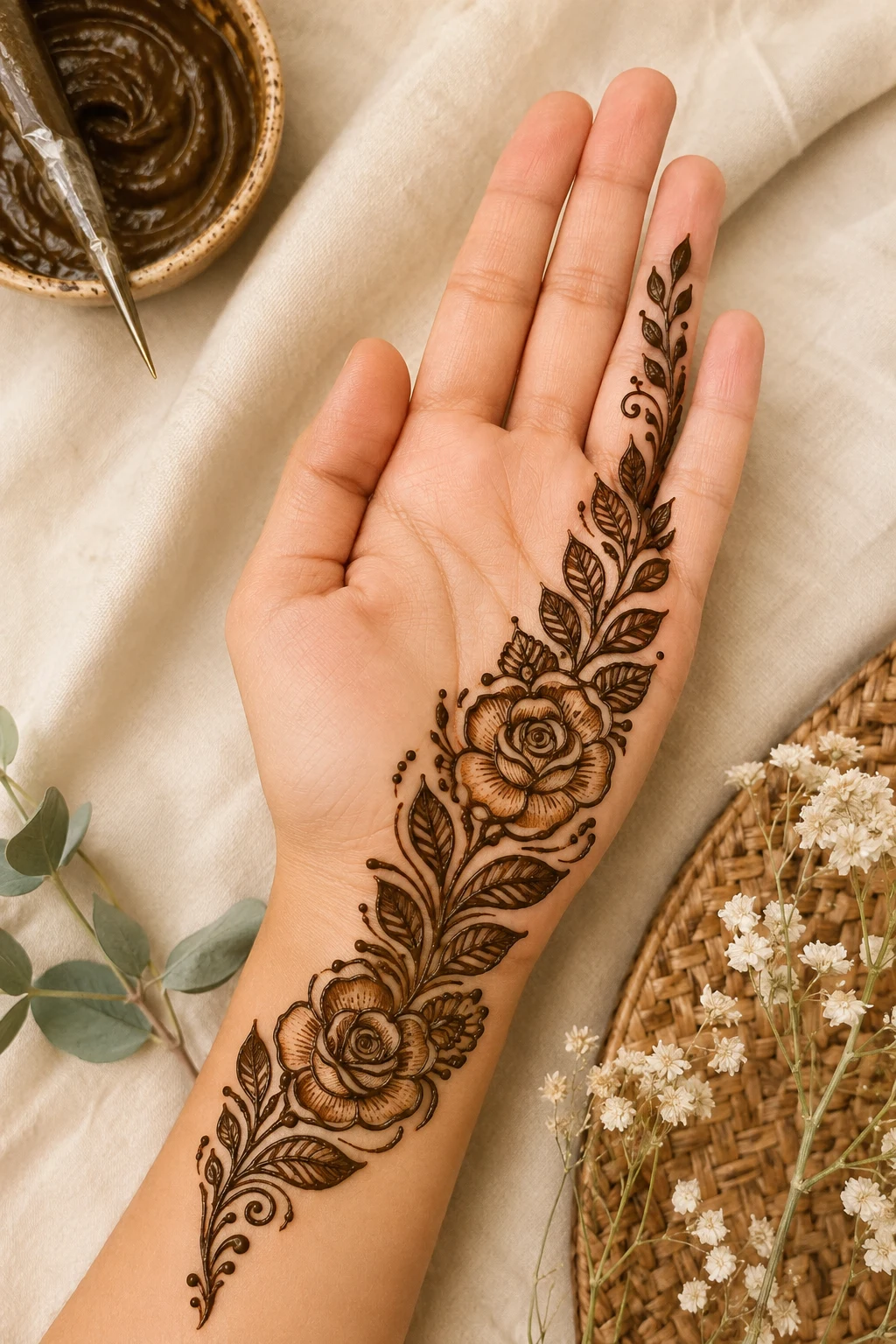 Arabic Rose & Leaf Sweep — simple mehndi designs front hand easy style outfit